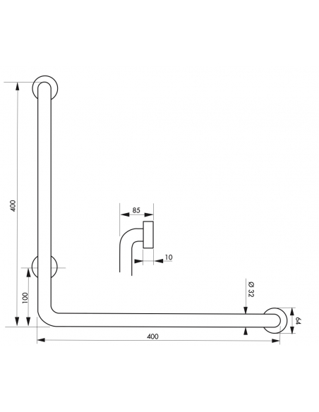 Barre de maintien coudée, inox 304, longueur 800mm, angle 90°, Ø32mm, finition inox poli - THIRARD Equipement