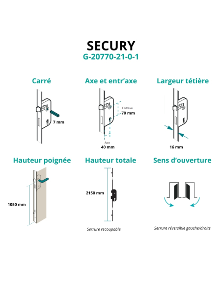 Boit. de serr. enc. Secury à cylindre pour porte d'entrée, axe 40mm, 5pts, car. 7, H. 2150mm, G-20770-21-0-1 - FERCO by THIRA...