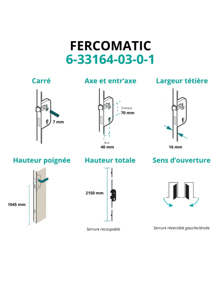 Boitier de serrure enc. Fercomatic à cylindre pour porte d'entrée, axe 40mm, 3pts, H. 2150mm, 6-33164-03-0-1 - FERCO by THIRA...