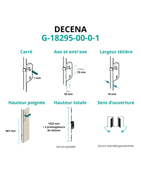 Boitier de serrure encastrable Decena à cylindre pour porte bois, ajustable, axe 50mm, 2pts, G-18295-00-0-1 - FERCO by THIRAR...