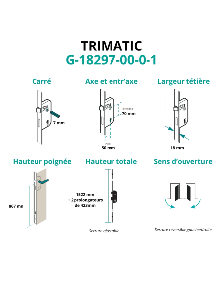 Boitier de serrure enc. Trimatic à cylindre pour porte bois, ajustable, axe 50mm, 3pts, G-18297-00-0-1 - FERCO by THIRARD Ser...