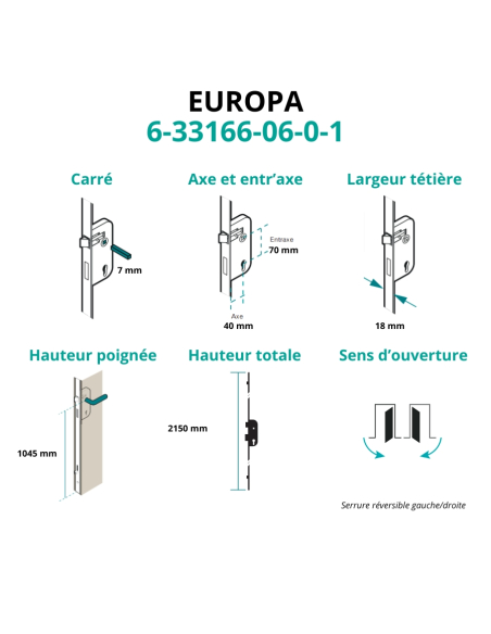 Boitier de serrure encastrable Europa à cylindre pour porte bois, axe 40mm, 3pts, H. 2150mm, 6-33166-06-0-1 - FERCO by THIRAR...