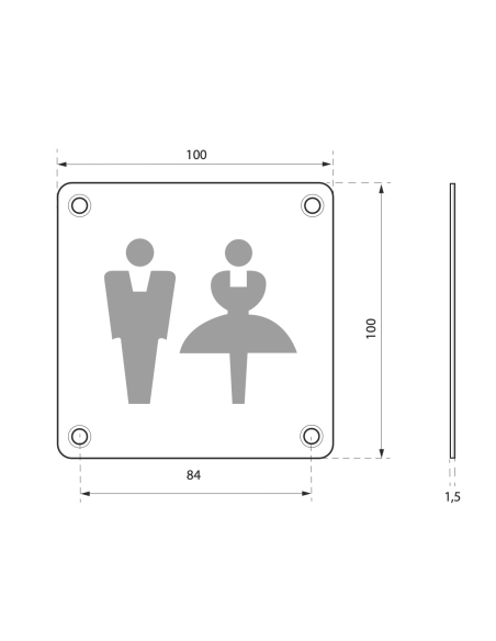 Plaque de signalisation WC Mixte , à visser, inox brossé, marquage noir, 100x100mm - THIRARD Signalétique