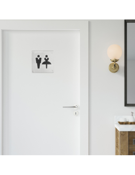 Plaque de signalisation WC Mixte , à visser, inox brossé, marquage noir, 100x100mm - THIRARD Plaques de signalisation à visser