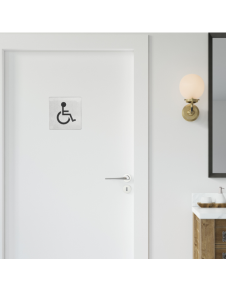 Plaque de signalisation WC Handicapé , à visser, inox brossé, marquage noir, 100x100mm - THIRARD Signalétique