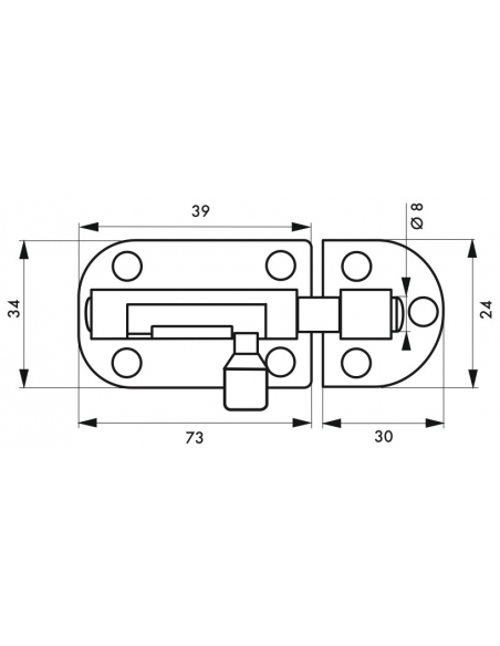 Targette, acier, pêne Ø 8mm, 34x73mm, nickel satin - THIRARD Targette