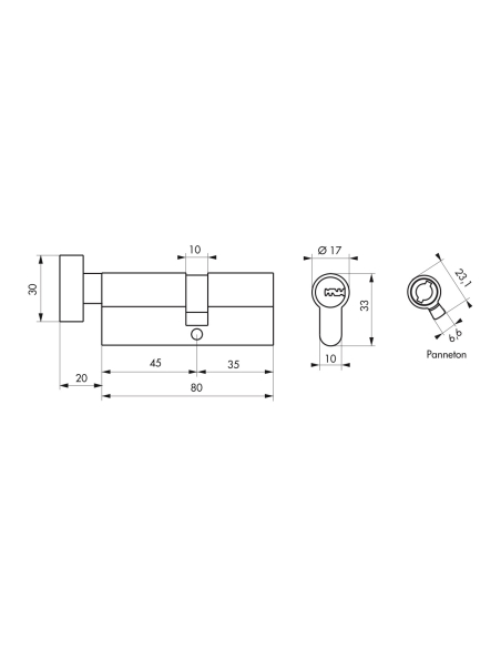 Cylindre de serrure à bouton 5G 45B x 35mm, laiton, anti-arrachement, 5 clés - SP Cylindres à bouton