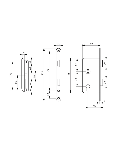 Boitier de serrure encastrable à cylindre pour porte d'entrée, gauche, axe 55mm, bouts ronds - THIRARD Serrures encastrables