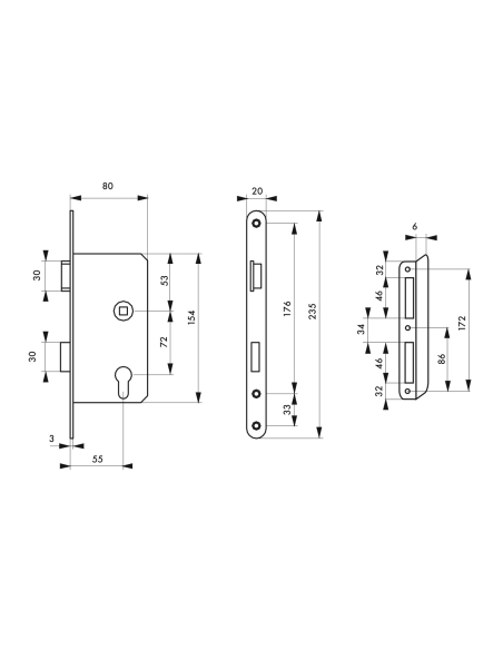 Boitier de serrure encastrable à cylindre pour porte d'entrée, droite, axe 55mm, bouts ronds - THIRARD Serrures encastrables