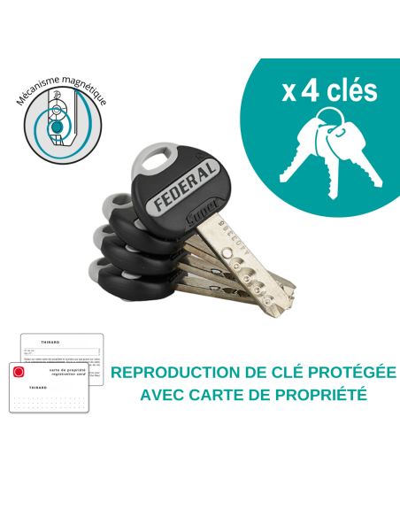 Verrou à bouton Federal pour porte d'entrée, cylindre 45mm, acier, 4 clés, époxy noir - THIRARD Verrou de porte