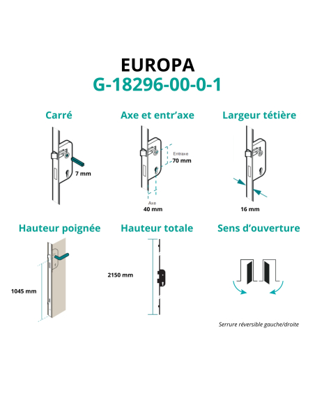 Boitier de serrure enc. Europa à cylindre pour porte bois/PVC, axe 40mm, 3pts, H. 2150mm, G-18296-00-0-1 - FERCO by THIRARD S...