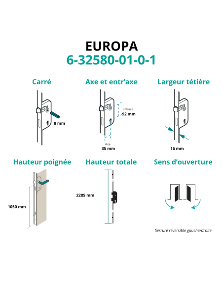 Serrure encastrée Europa à cylindre pour porte d'entrée, axe 35mm, 5pts, H. 2150m, 6-32580-01-0-1 - FERCO by THIRARD Serrures...