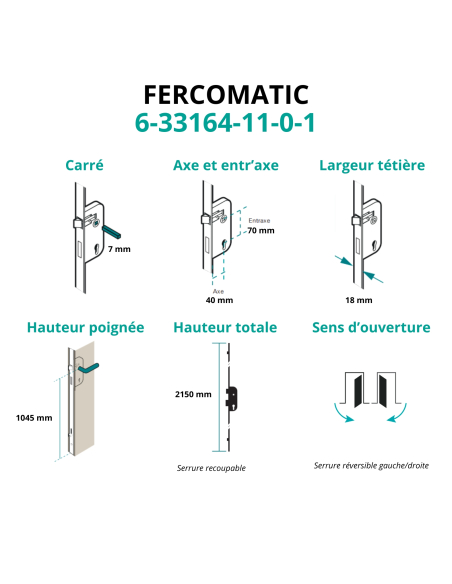 Serrure encastrable Fercomatic à cylindre pour porte bois, axe 40mm, 3pts, H. 2150mm, 6-33164-11-0-1 - FERCO by THIRARD Serru...