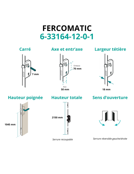 Serrure encastrable Fercomatic à cylindre pour porte bois, axe 50mm, 3pts, H. 2150mm, 6-33164-12-0-1 - FERCO by THIRARD Serru...