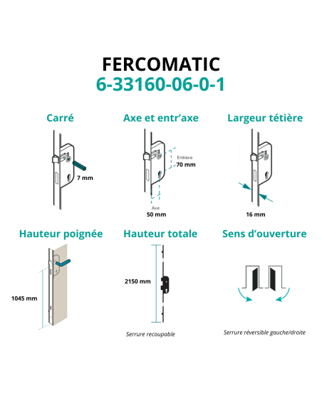 Serrure encastrable Fercomatic à cylindre pour porte d'entrée, axe 50mm, 5pts, H. 2150mm, 6-33160-06-0-1 - FERCO by THIRARD S...