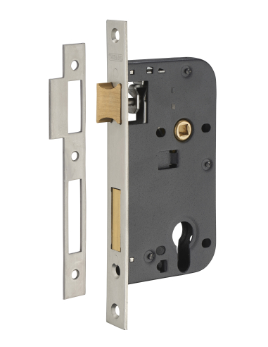 Boitier de serrure encastrable à cylindre pour porte d'entrée, axe 50mm, bouts carrés, têtière laiton inox brossé - THIRARD S...