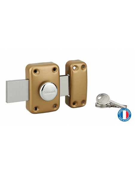Verrou à bouton Apache pour porte de garage, cylindre 40mm, pêne 160mm, acier, 3 clés, époxy or - THIRARD FBA