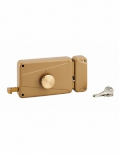 Serrure horizontale en applique à bouton à tirage pour porte d'entrée, droite, axe 70mm, 140x90mm, marron, 3 clés - THIRARD FBA