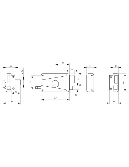 Serrure horizontale en applique à bouton à tirage pour porte d'entrée, droite, axe 70mm, 140x90mm, marron, 3 clés - THIRARD FBA
