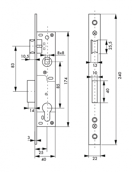 Boitier de serrure encastrable à cylindre pour menuiserie métallique, axe 25mm, bouts carrés, zingué - THIRARD FBA