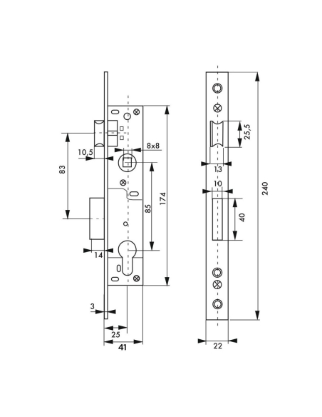 Boitier de serrure encastrable à cylindre pour menuiserie métallique, axe 25mm, bouts carrés, zingué - THIRARD FBA