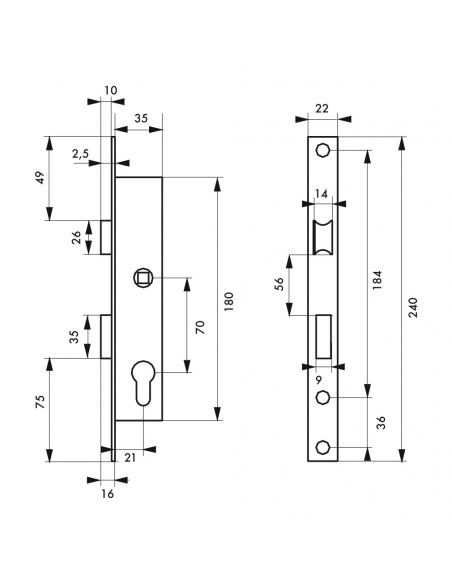 Boitier de serrure encastrable à cylindre pour menuiserie métallique, axe 22mm, bouts carrés, zingué - THIRARD FBA