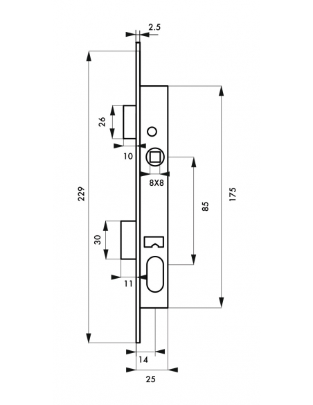 Serrure encastrable pour porte d'entrée avec cylindre en 30x30mm, axe 14mm, 3 clés - THIRARD FBA