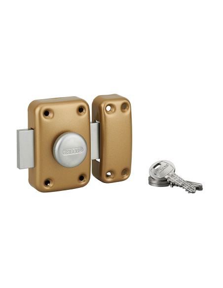 Verrou à bouton CAPITAL pour porte d'entrée, 45mm, époxy or, 3 clés - Thirard Verrous