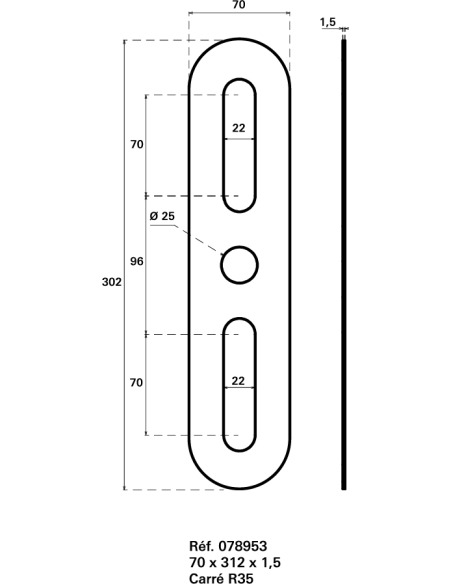 Plaque de propreté, 70x312mm, arrondie, inox - Intelock Accessoires de poignées Intelock