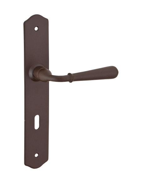 Ensemble de poignées pour porte de chambre Charon trou de clé, carré 7mm, entr'axes 195mm, acier rouillé - THIRARD FBA