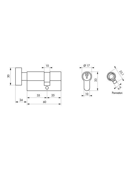 Cylindre de serrure à bouton, 35Bx25mm, anti-arrachement, laiton, 3 clés - THIRARD Cylindre de serrure
