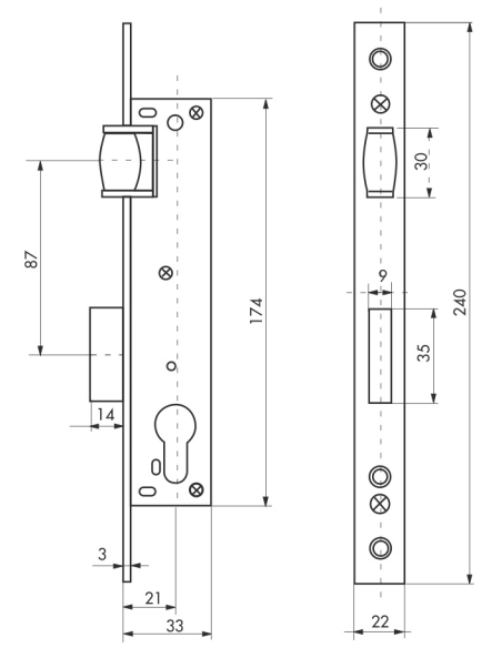 Boitier de serrure encastrable à rouleau à cylindre pour menuiserie métallique, axe 20mm, bouts carrés, zingué - THIRARD FBA