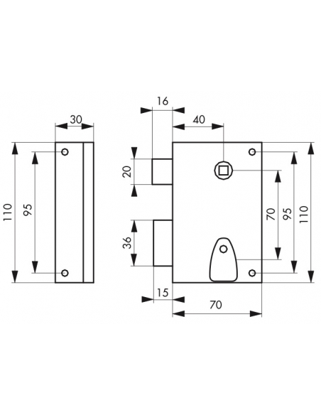 Serrure verticale en applique à clé à fouillot pour porte int., gauche, carré 7mm, axe 40mm, 110x70mm, noir, 1 clés - THIRARD...