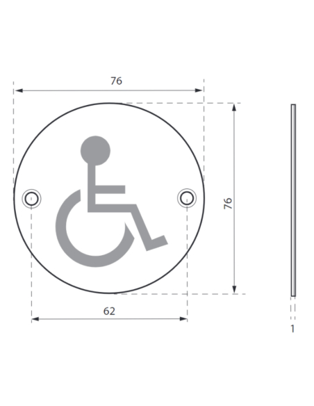 Disque de signalisation WC Handicapé , à visser, inox brossé, marquage noir, Ø76mm - THIRARD Disques de signalisation à visser