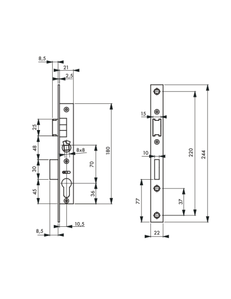 Serrure encastrable à cylindre pour menuiserie métallique, axe 10.5mm, bouts carrés, cylindre 30x30mm, zingué, 3 clés - THIRA...