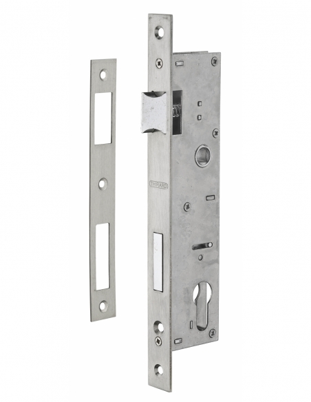 Boitier de serrure encastrable à cylindre pour menuiserie métallique, axe 30mm, L45, bouts carrés, têtière inox - THIRARD Ser...