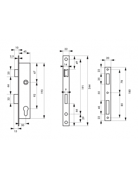 Boitier de serrure encastrable à cylindre pour menuiserie métallique, axe 30mm, L45, bouts carrés, têtière inox - THIRARD Ser...