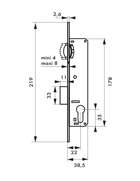 Serrure encastrable à rouleau pour porte battante, axe 22mm, bouts ronds, noir - THIRARD Serrures encastrables