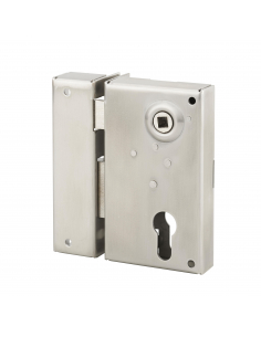 Boitier de serrure verticale en applique double entrée à fouillot pour portail, gauche, axe 45mm, 73x125mm, inox - THIRARD Se...