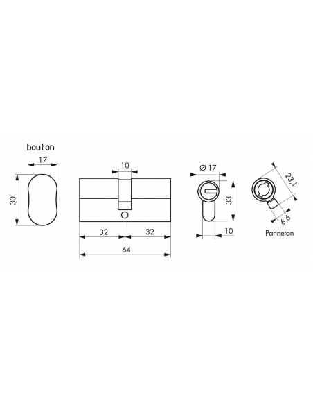 Cylindre de serrure à bouton Federal S, 32Bx32mm, nickel, anti-arrachement, anti-perçage, 5 clés - THIRARD Cylindre de serrure