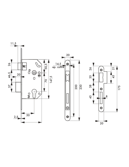Boitier de serrure à encastrer FTH SE 50, axe 50mm, entr'axe 70mm, carré 7mm, têtière chromée noir mat à bouts ronds - FTH Se...