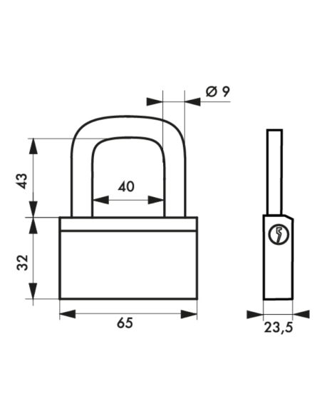 Cadenas FTH NT à clé, corps en laiton et anse en acier cémenté, ouverture latérale par clé, base de 65mm, 3 clés - FTH Cadena...
