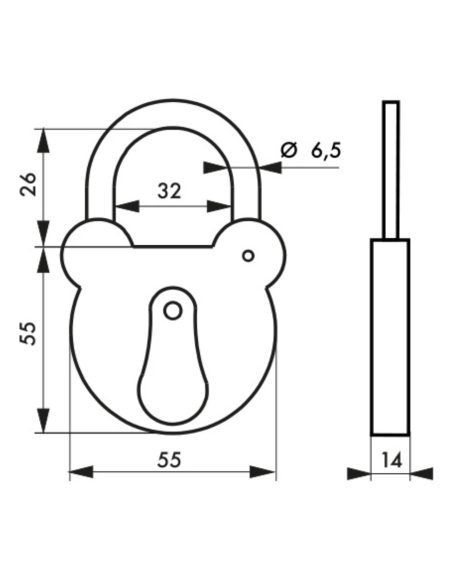 Cadenas FTH 2493 à clé, corps en acier galvanisé de 55mm, anse en acier zingué de Ø 6,5mm, 2 clés à gorges - FTH Cadenas à clé