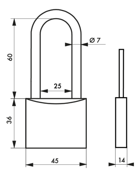 Cadenas FTH MH2 à clé, corps en laiton et anse en acier cémenté, base de 45mm, anse demi-haute 60mm, 2 clés - FTH Cadenas à clé