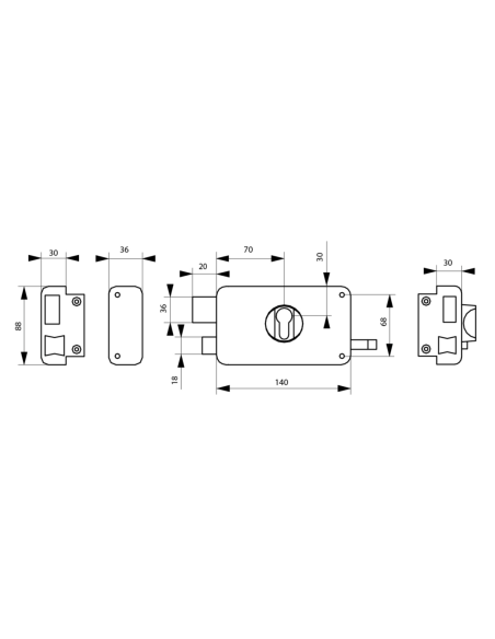 Boitier de serrure horizontale en applique FTH AH70 double entrée à tirage, droite, 140x88mm, axe 70mm, noir mat - FTH Serrur...