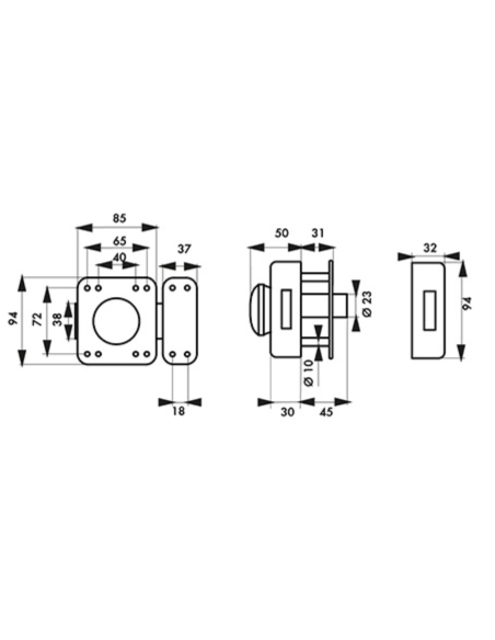 Verrou de porte FTH R85 à bouton, cylindre de 45mm, coffre et pêne noir mat, 3 clés crantées - FTH Verrous