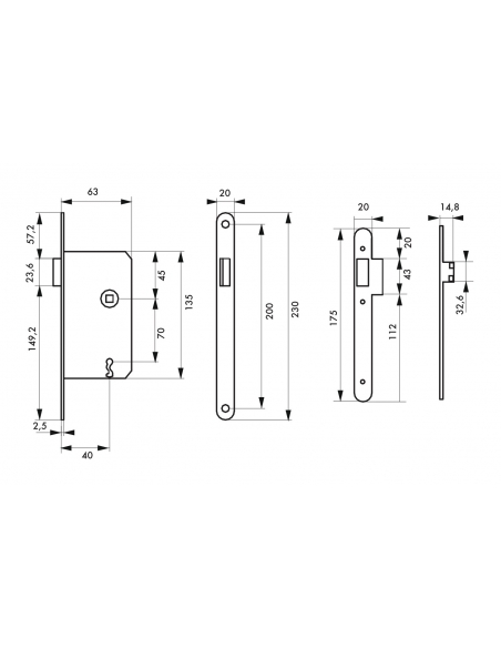 Serrure encastrable magnétique à clé pour porte de chambre, axe 40mm, bouts ronds - THIRARD FBA