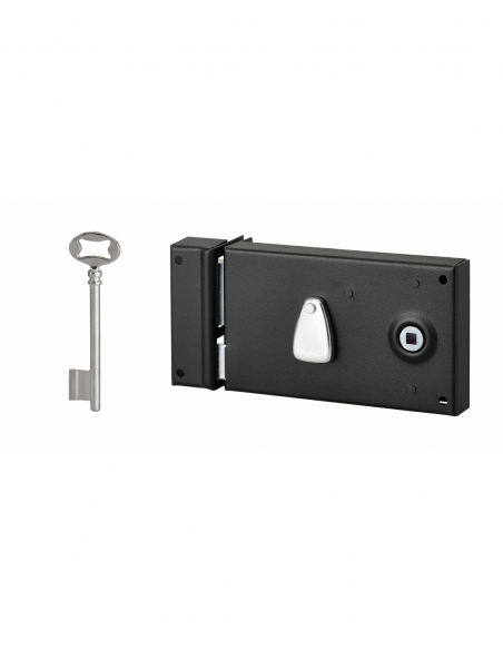 Serrure horizontale en applique à clé à fouillot pour porte de chambre, gauche, axe 58mm, 140x82mm, noir, 1 clé - THIRARD FBA
