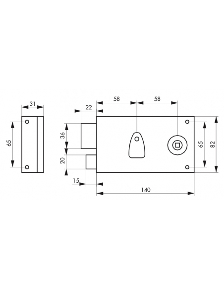 Serrure horizontale en applique à clé à fouillot pour porte de chambre, gauche, axe 58mm, 140x82mm, noir, 1 clé - THIRARD FBA