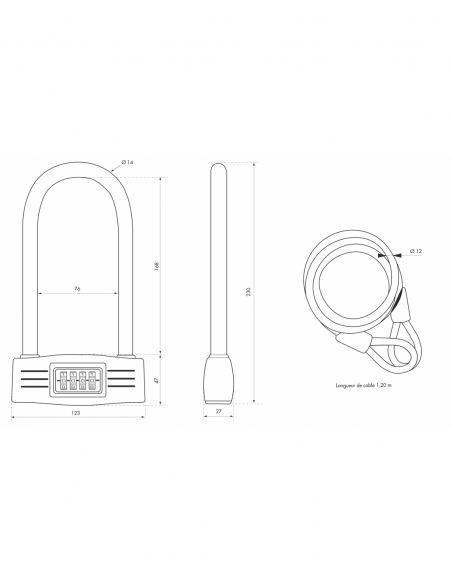 Antivol U à combinaison UP, 4 chiffres, vélo, câble acier, 12mmx120mm - THIRARD FBA